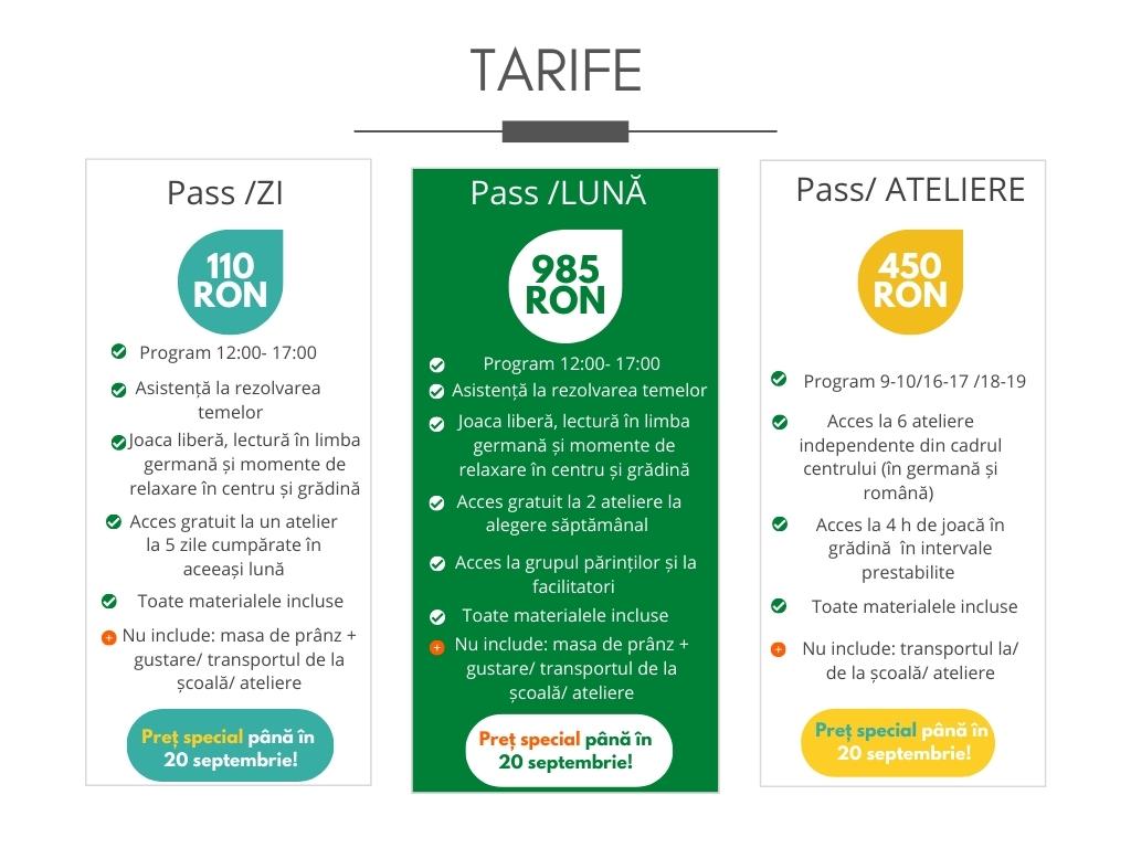 Pachete tarifare pentru programele educationale: 

Pass/ZI 110 RON
Pass/LUNA 985 RON
Pass/ATELIERE 450 RON